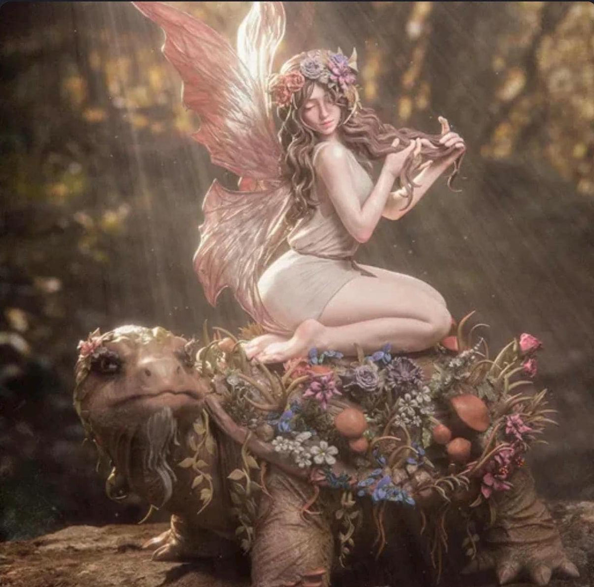 Fairy Blossom on Ancient Forest Tortoise Resin Statue – Woodland Nymph Figure with Floral Crown & Wings, Hand-Painted Fantasy Diorama 1/6
