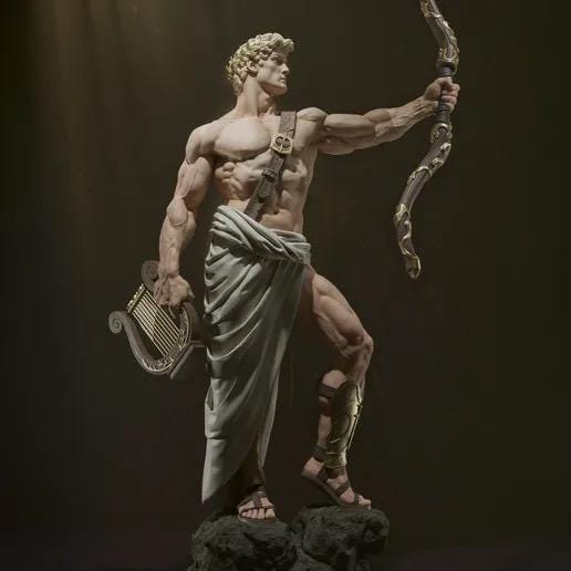 Greek God Apollo Resin Statue – God Figure with Golden Bow & Lyre, Hand-Painted Hellenic Olympian Fine Art 1/6