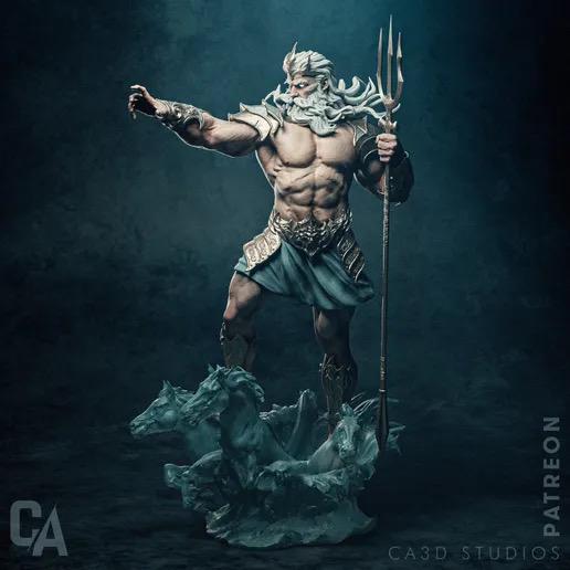Greek God Poseidon Resin Statue – Olympian God of the Sea Figure with Trident & Hippocampus Waves, Hand-Painted 1/6
