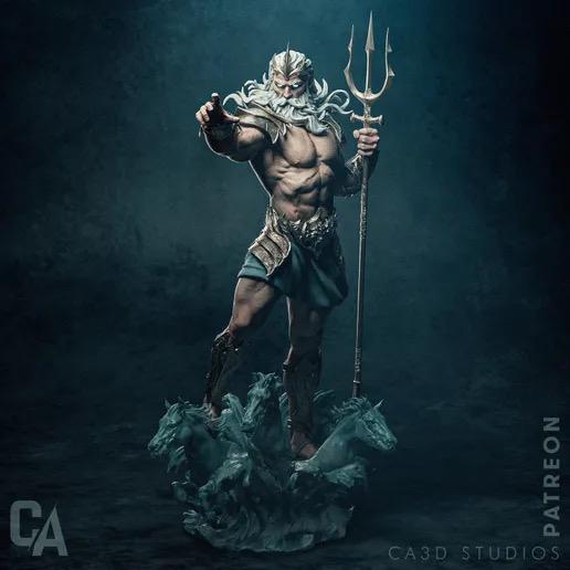 Greek God Poseidon Resin Statue – Olympian God of the Sea Figure with Trident & Hippocampus Waves, Hand-Painted 1/6