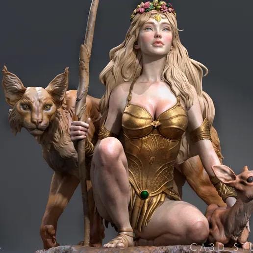 Greek Goddess Artemis Resin Statue – Olympian Goddess of the Hunt Figure with Bow, Deer & Lynx, Hand-Painted 1/6