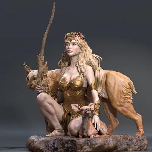 Greek Goddess Artemis Resin Statue – Olympian Goddess of the Hunt Figure with Bow, Deer & Lynx, Hand-Painted 1/6