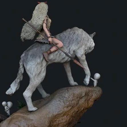 Tribal Wolf Rider Diorama – Wild Maiden Figure on Giant White Wolf with Forest Spirits, Hand-Painted Fantasy 1/6 scale