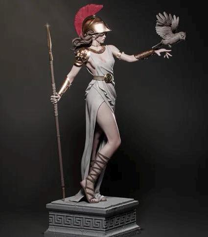 Greek Goddess Athena Resin Statue – Olympian Goddess of Wisdom and War Figure with Spear, Owl & Crested Helmet, Hand-Painted 1/6