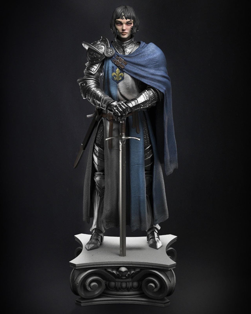 Joan of Arc Resin Statue – French Maiden Knight Figure in Gothic Plate Armor with Longsword & Fleur-de-Lis Cloak, Hand-Painted Medieval 1/6