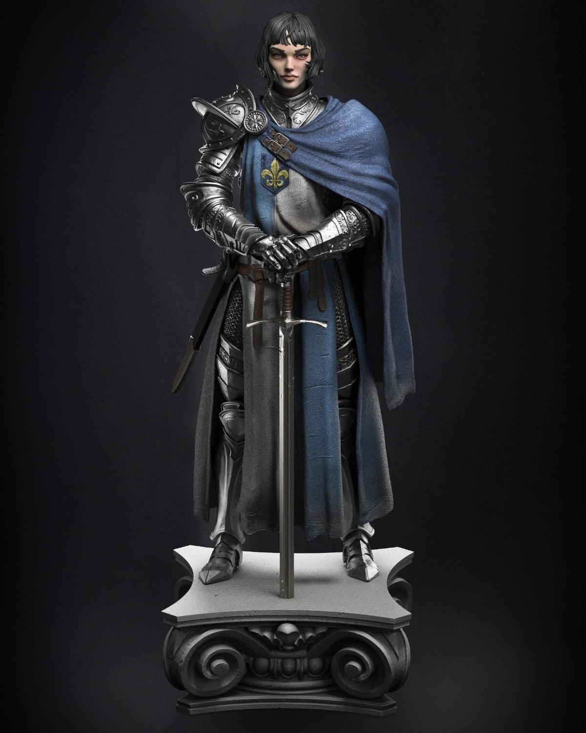 Joan of Arc Resin Statue – French Maiden Knight Figure in Gothic Plate Armor with Longsword & Fleur-de-Lis Cloak, Hand-Painted Medieval 1/6