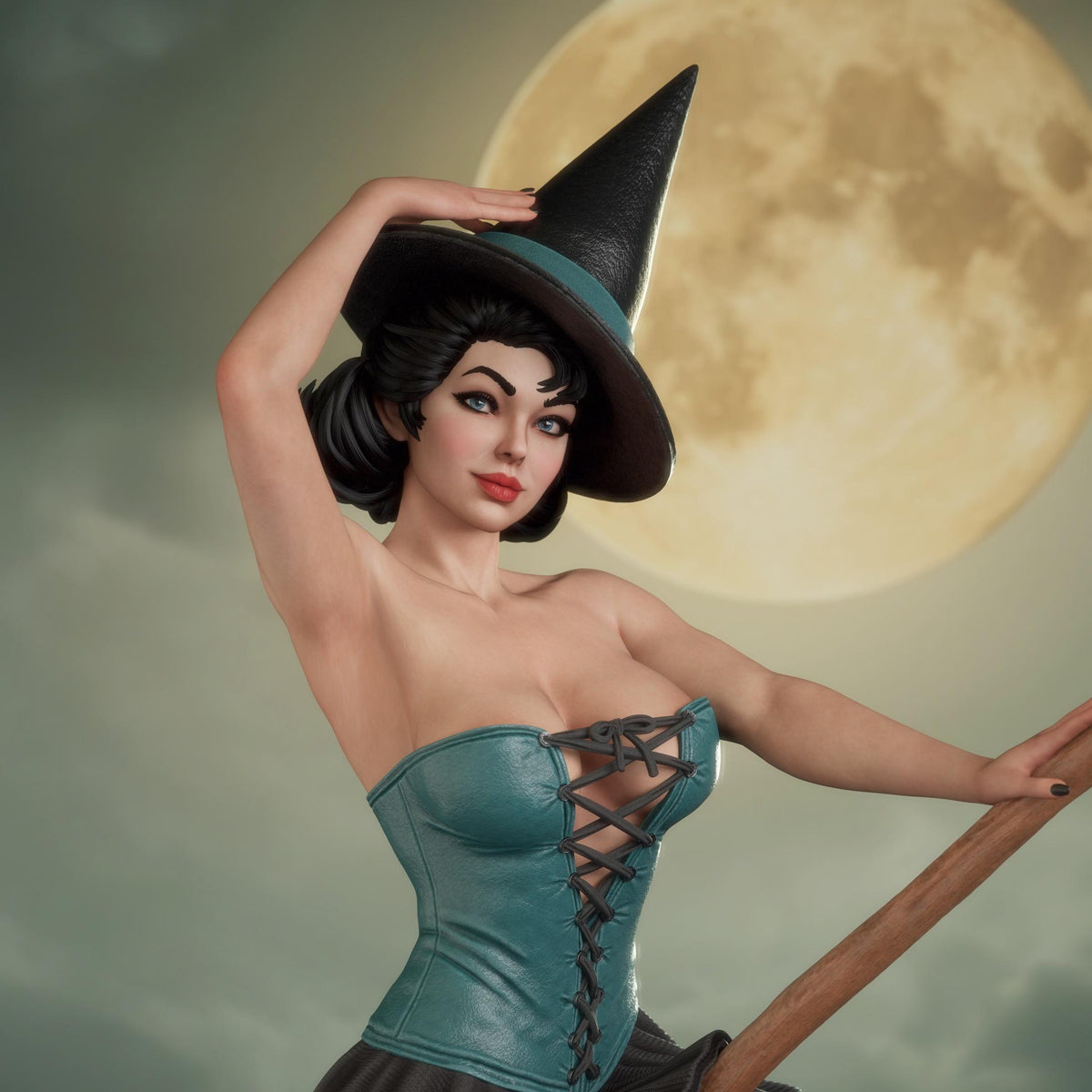Retro Pin Up Witch Resin Statue – Flying Sorceress Figure on Broomstick, Hand-Painted Vintage 1/6