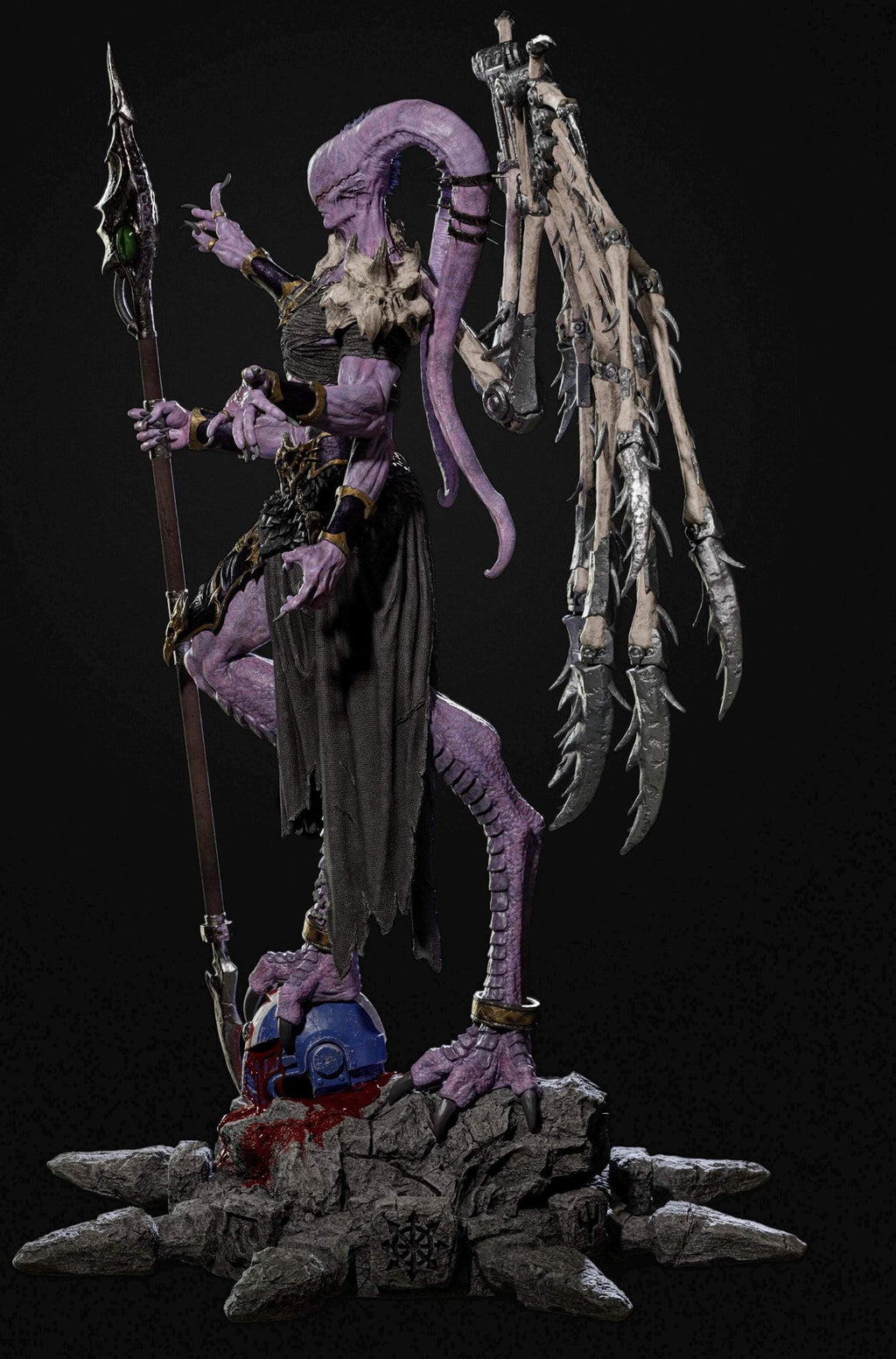 Eldritch Demon Sorcerer Resin Statue – Multi-Armed Horned Mage Figure with Bone Wings & Staff, Hand-Painted Dark Fantasy 1/6
