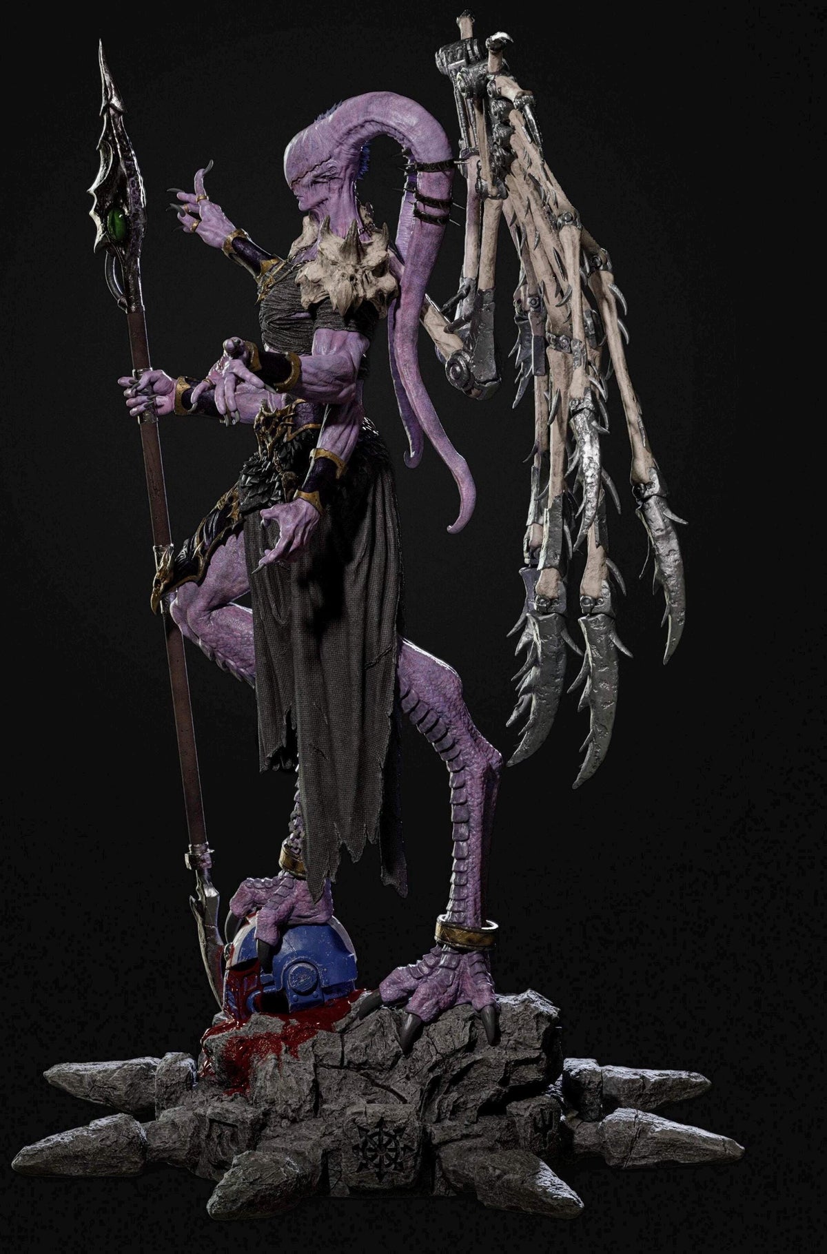 Eldritch Demon Sorcerer Resin Statue – Multi-Armed Horned Mage Figure with Bone Wings & Staff, Hand-Painted Dark Fantasy 1/6
