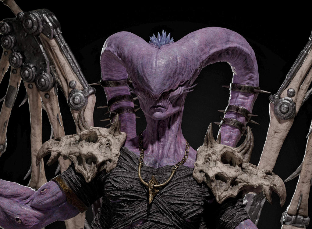 Eldritch Demon Sorcerer Resin Statue – Multi-Armed Horned Mage Figure with Bone Wings & Staff, Hand-Painted Dark Fantasy 1/6