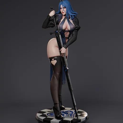 Queen of Spades Resin Statue – Blue Hair Gothic Maiden Figure with Cane on Chess Base, Hand-Painted Pin Up 1/6