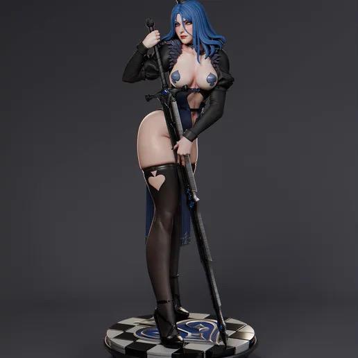 Queen of Spades Resin Statue – Blue Hair Gothic Maiden Figure with Cane on Chess Base, Hand-Painted Pin Up 1/6