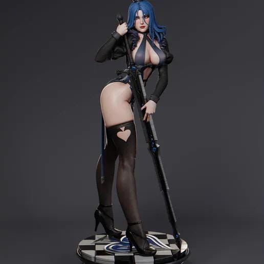 Queen of Spades Resin Statue – Blue Hair Gothic Maiden Figure with Cane on Chess Base, Hand-Painted Pin Up 1/6