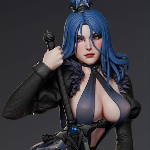 Queen of Spades Resin Statue – Blue Hair Gothic Maiden Figure with Cane on Chess Base, Hand-Painted Pin Up 1/6