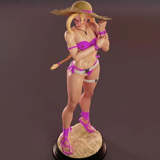 Blonde Martial Artist Summer Pin Up Resin Statue – Beach Fighter Maiden Figure in Swimsuit with Straw Hat & Sand Base, Hand-Painted 1/6